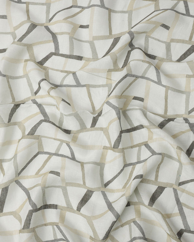 White Grey Beige Abstract Geometric Print Blended Linen Fabric, 110 Cms Width, Made in India-D26183