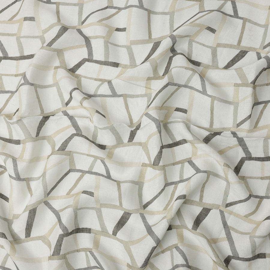 White Grey Beige Abstract Geometric Print Blended Linen Fabric, 110 Cms Width, Made in India-D26183