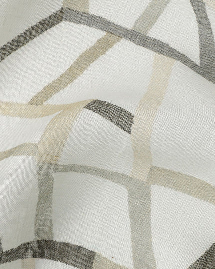 White Grey Beige Abstract Geometric Print Blended Linen Fabric, 110 Cms Width, Made in India-D26183
