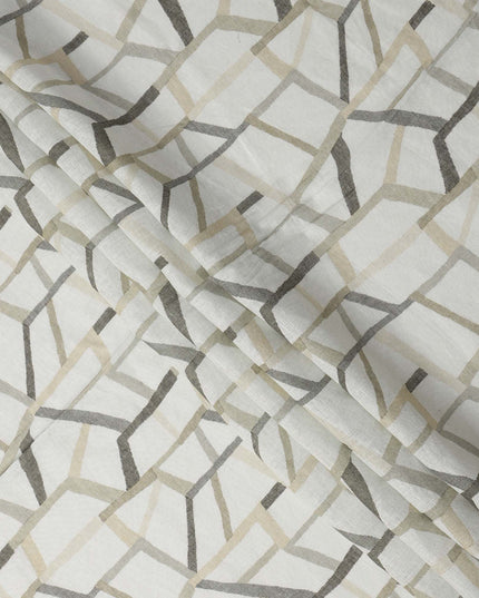 White Grey Beige Abstract Geometric Print Blended Linen Fabric, 110 Cms Width, Made in India-D26183
