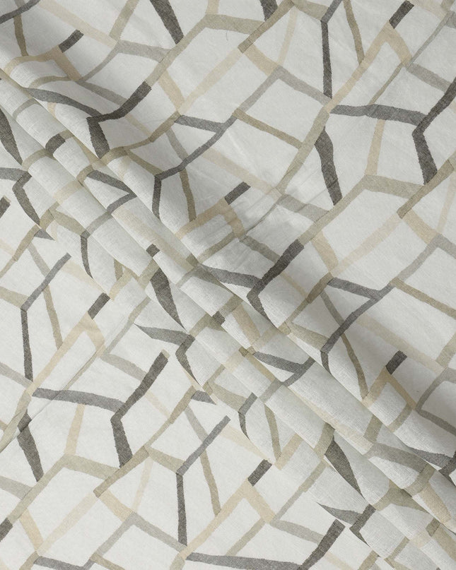 White Grey Beige Abstract Geometric Print Blended Linen Fabric, 110 Cms Width, Made in India-D26183
