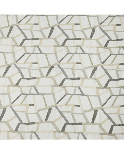 White Grey Beige Abstract Geometric Print Blended Linen Fabric, 110 Cms Width, Made in India-D26183