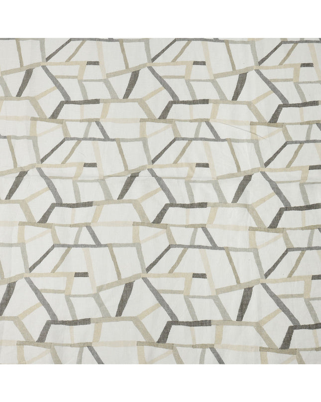 White Grey Beige Abstract Geometric Print Blended Linen Fabric, 110 Cms Width, Made in India-D26183