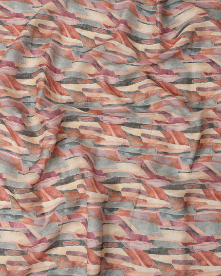 Beige Rust Grey Abstract Brushstroke Print Blended Linen Fabric, 110 Cms Width, Made in India-D26189
