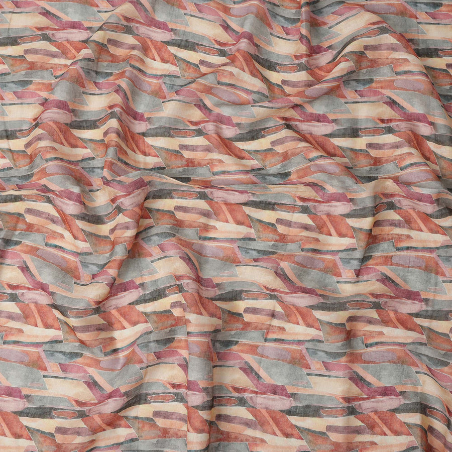 Beige Rust Grey Abstract Brushstroke Print Blended Linen Fabric, 110 Cms Width, Made in India-D26189