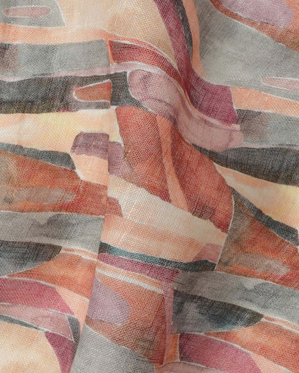 Beige Rust Grey Abstract Brushstroke Print Blended Linen Fabric, 110 Cms Width, Made in India-D26189