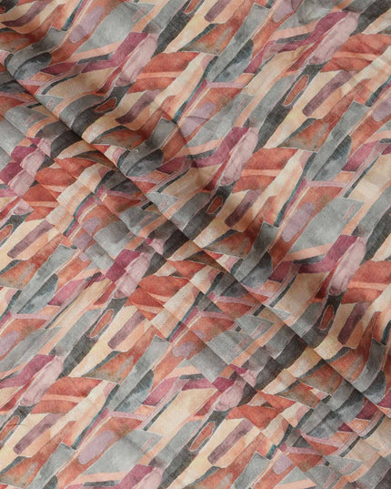 Beige Rust Grey Abstract Brushstroke Print Blended Linen Fabric, 110 Cms Width, Made in India-D26189