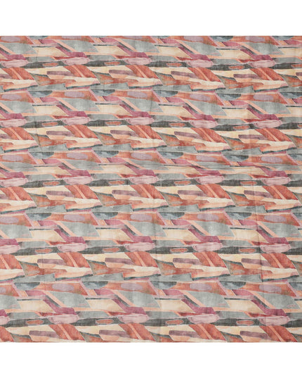 Beige Rust Grey Abstract Brushstroke Print Blended Linen Fabric, 110 Cms Width, Made in India-D26189