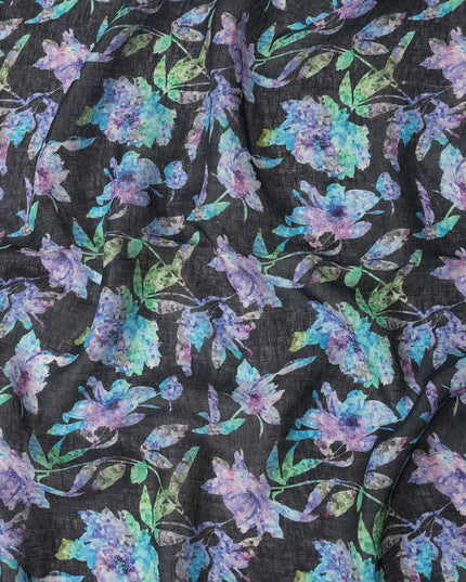 Black Blue Floral Watercolor Print Blended Linen Fabric, 110 Cms Width, Made in India-D26169