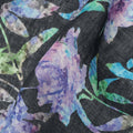 Black Blue Floral Watercolor Print Blended Linen Fabric, 110 Cms Width, Made in India-D26169