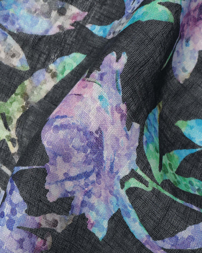 Black Blue Floral Watercolor Print Blended Linen Fabric, 110 Cms Width, Made in India-D26169