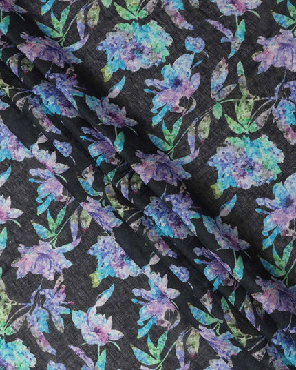 Black Blue Floral Watercolor Print Blended Linen Fabric, 110 Cms Width, Made in India-D26169
