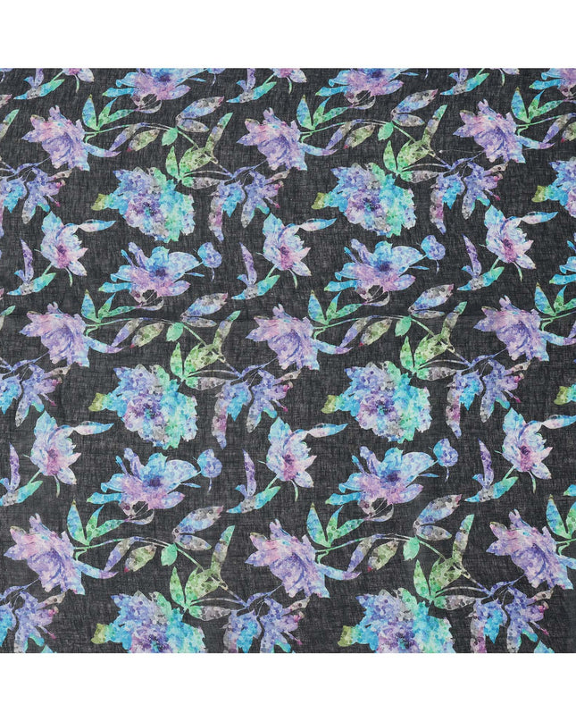 Black Blue Floral Watercolor Print Blended Linen Fabric, 110 Cms Width, Made in India-D26169