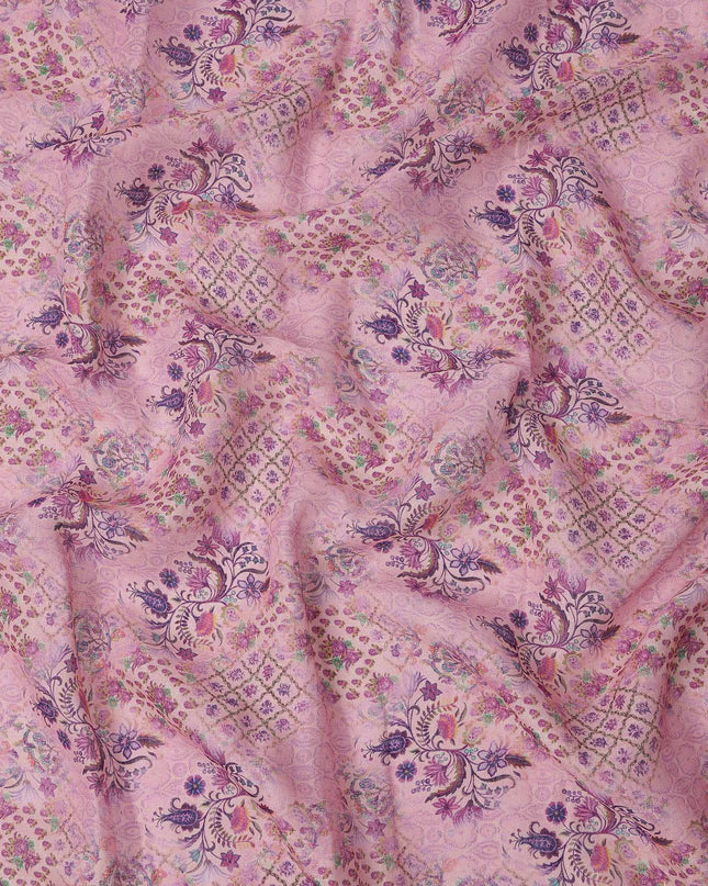 قماش كتان لافندر مطبوع عليه زهور بنقوش معقدة وتصميم هندسي، عرض 110 سم، صنع في الهند - D25087