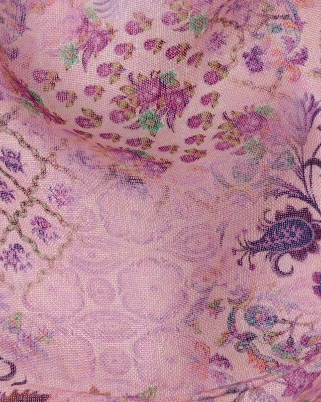 قماش كتان لافندر مطبوع عليه زهور بنقوش معقدة وتصميم هندسي، عرض 110 سم، صنع في الهند - D25087