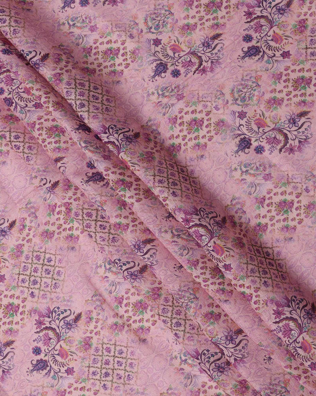 قماش كتان لافندر مطبوع عليه زهور بنقوش معقدة وتصميم هندسي، عرض 110 سم، صنع في الهند - D25087