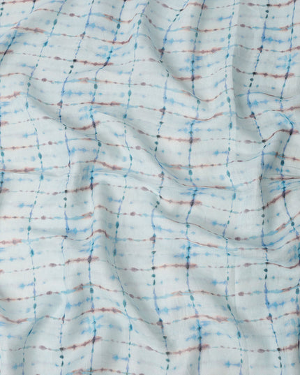 Sky Blue Brown Shibori Tie-Dye Print Blended Linen Fabric, 110 Cms Width, Made in India-D26184