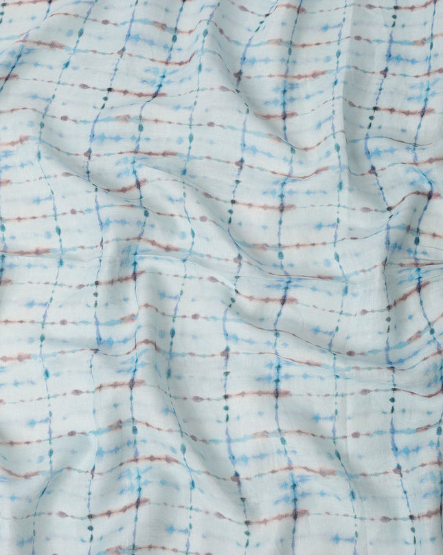 Sky Blue Brown Shibori Tie-Dye Print Blended Linen Fabric, 110 Cms Width, Made in India-D26184