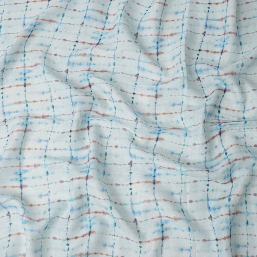 Sky Blue Brown Shibori Tie-Dye Print Blended Linen Fabric, 110 Cms Width, Made in India-D26184