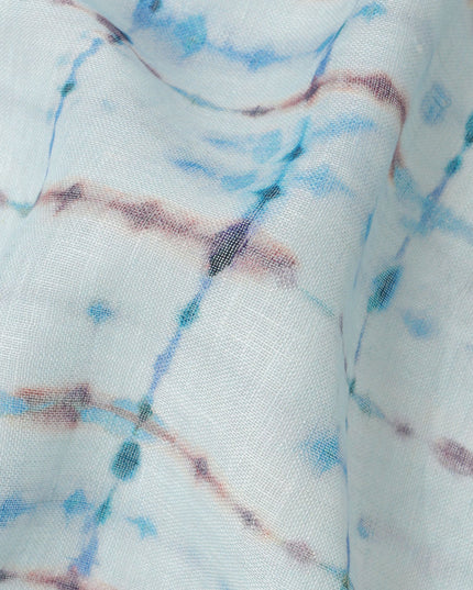 Sky Blue Brown Shibori Tie-Dye Print Blended Linen Fabric, 110 Cms Width, Made in India-D26184