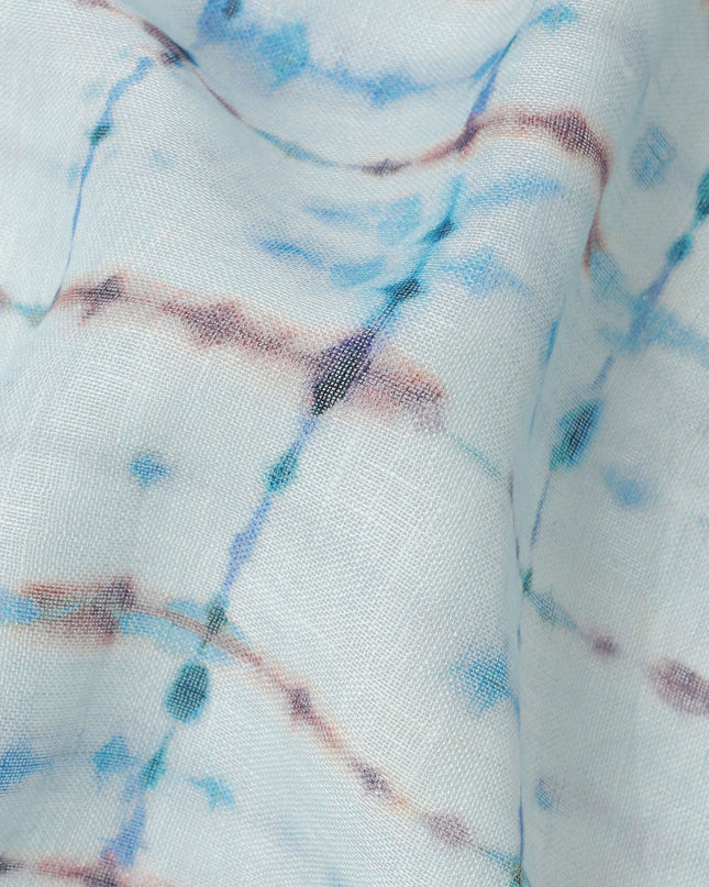 Sky Blue Brown Shibori Tie-Dye Print Blended Linen Fabric, 110 Cms Width, Made in India-D26184