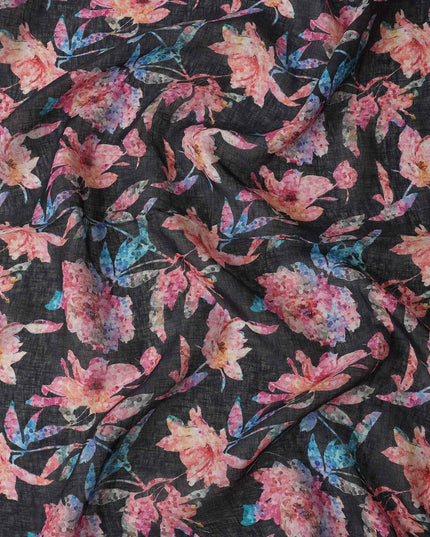 Black Floral Watercolor Print Blended Linen Fabric, 110 Cms Width, Made in India-D26167