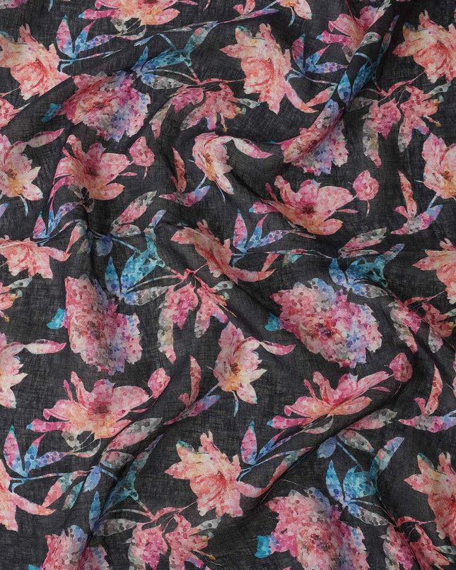 Black Floral Watercolor Print Blended Linen Fabric, 110 Cms Width, Made in India-D26167
