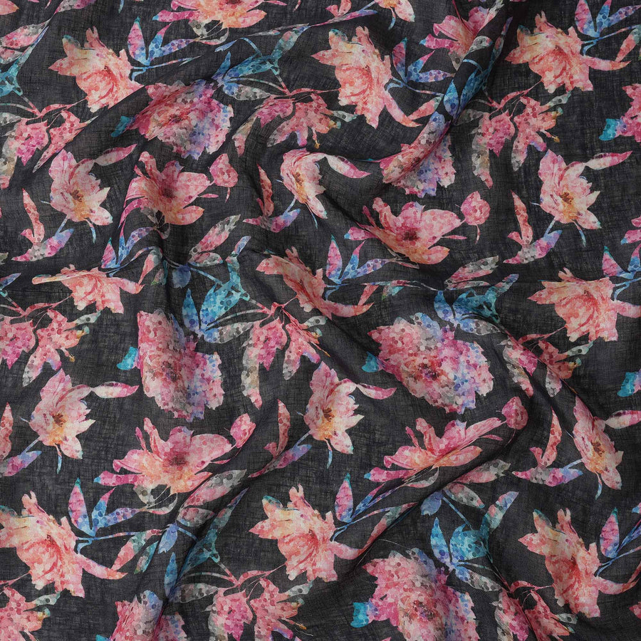 Black Floral Watercolor Print Blended Linen Fabric, 110 Cms Width, Made in India-D26167