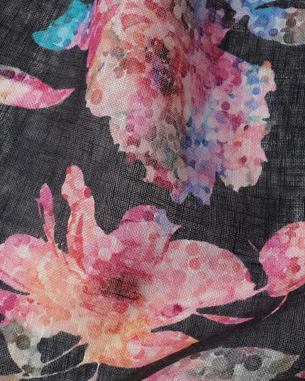 Black Floral Watercolor Print Blended Linen Fabric, 110 Cms Width, Made in India-D26167