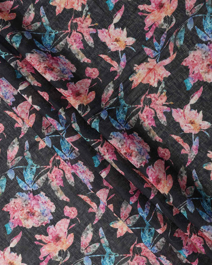 Black Floral Watercolor Print Blended Linen Fabric, 110 Cms Width, Made in India-D26167