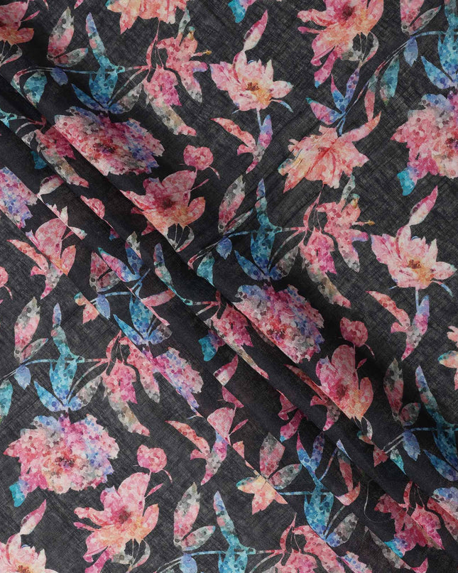 Black Floral Watercolor Print Blended Linen Fabric, 110 Cms Width, Made in India-D26167