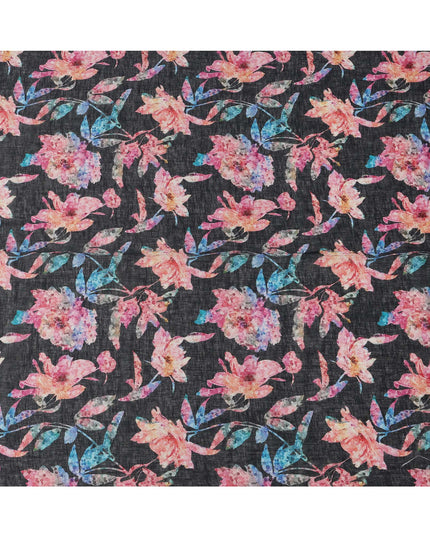 Black Floral Watercolor Print Blended Linen Fabric, 110 Cms Width, Made in India-D26167