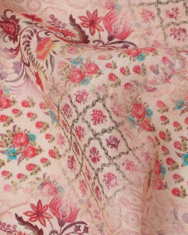 Peach Linen Floral Printed Fabric with Intricate Motifs and Geometric Design, 110 Cms Width, Made in India-D25086