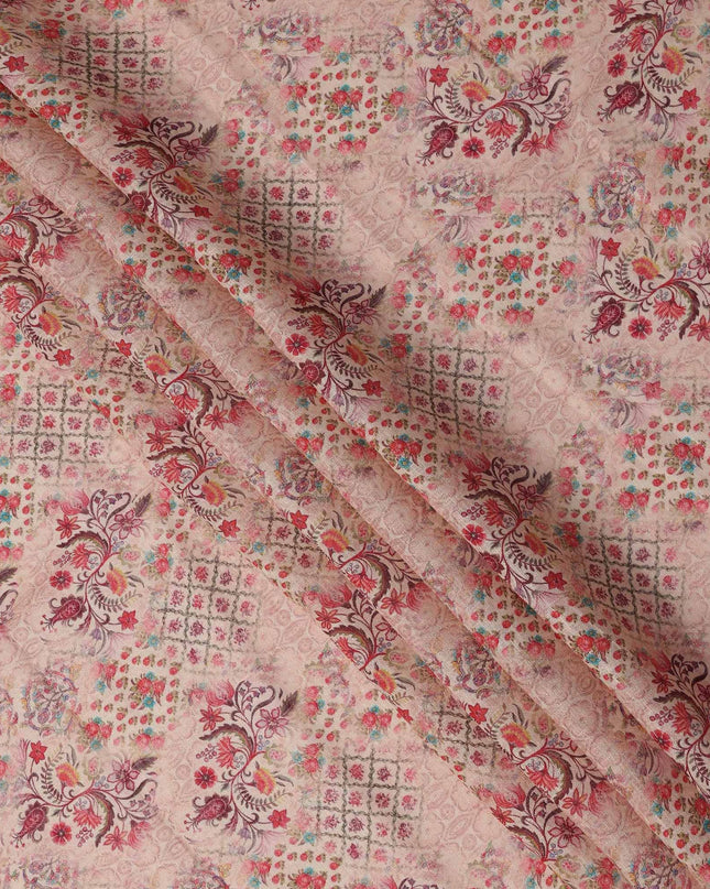 Peach Linen Floral Printed Fabric with Intricate Motifs and Geometric Design, 110 Cms Width, Made in India-D25086