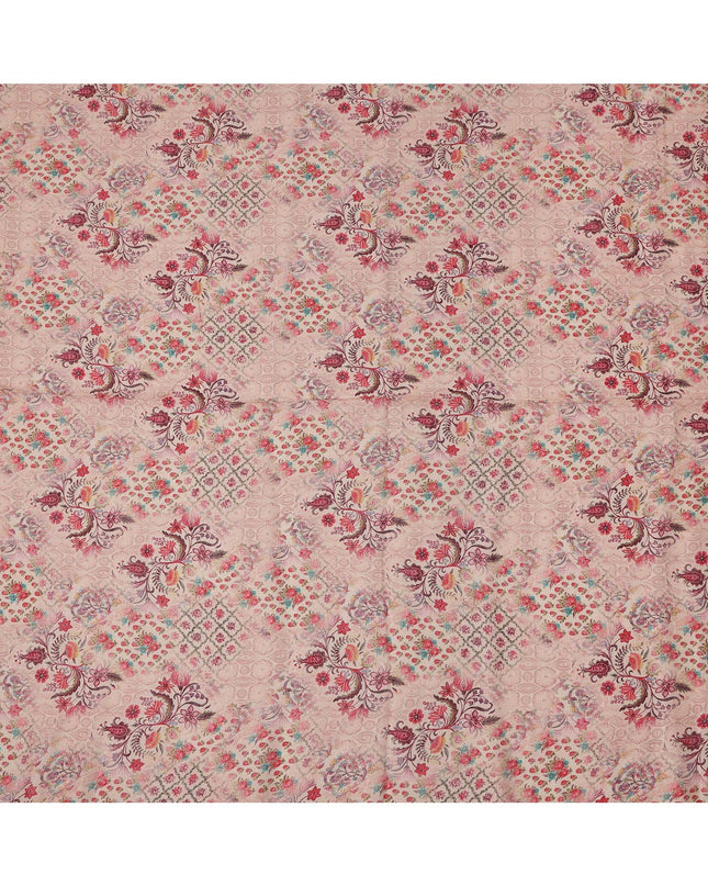 Peach Linen Floral Printed Fabric with Intricate Motifs and Geometric Design, 110 Cms Width, Made in India-D25086