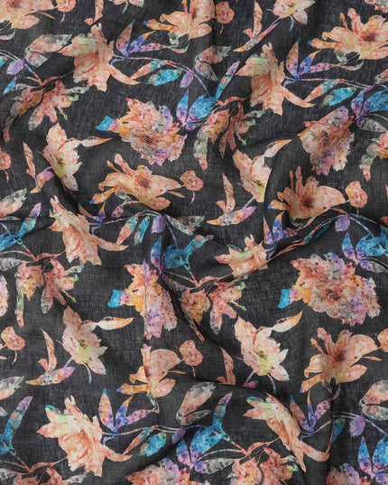 Black Peach Floral Watercolor Print Blended Linen Fabric, 110 Cms Width, Made in India-D26168