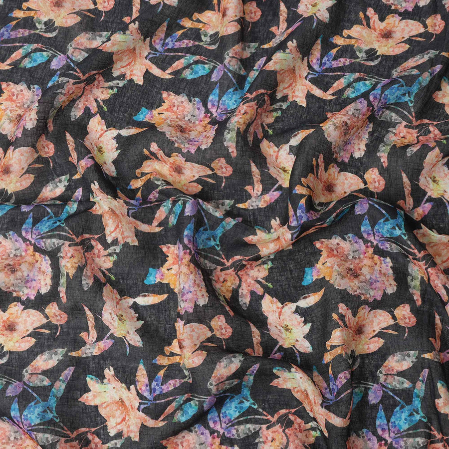 Black Peach Floral Watercolor Print Blended Linen Fabric, 110 Cms Width, Made in India-D26168