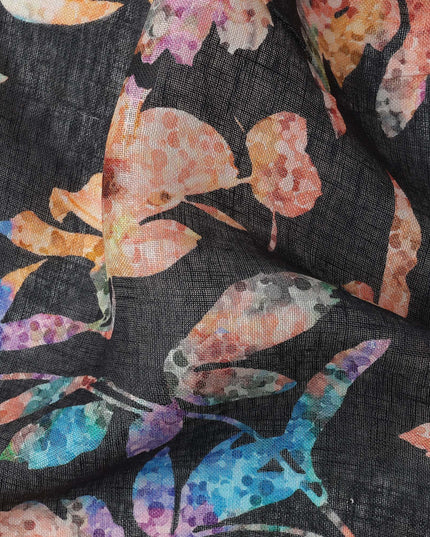 Black Peach Floral Watercolor Print Blended Linen Fabric, 110 Cms Width, Made in India-D26168