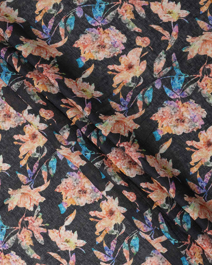 Black Peach Floral Watercolor Print Blended Linen Fabric, 110 Cms Width, Made in India-D26168