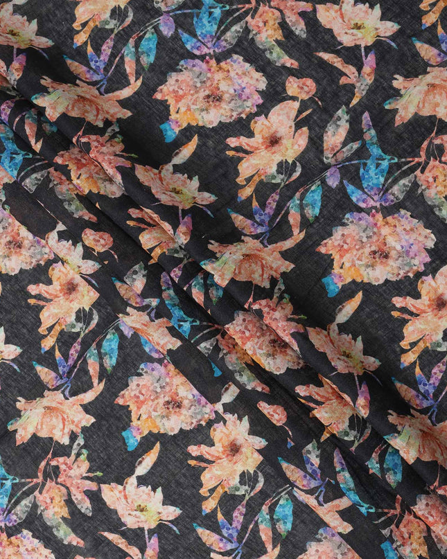 Black Peach Floral Watercolor Print Blended Linen Fabric, 110 Cms Width, Made in India-D26168