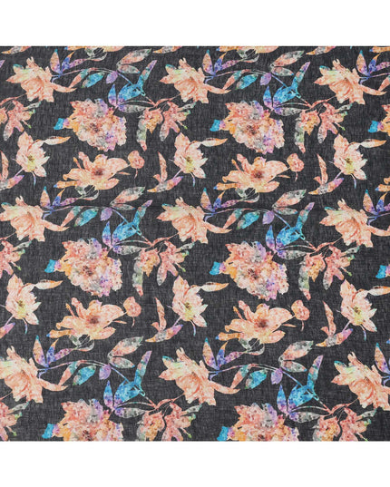 Black Peach Floral Watercolor Print Blended Linen Fabric, 110 Cms Width, Made in India-D26168