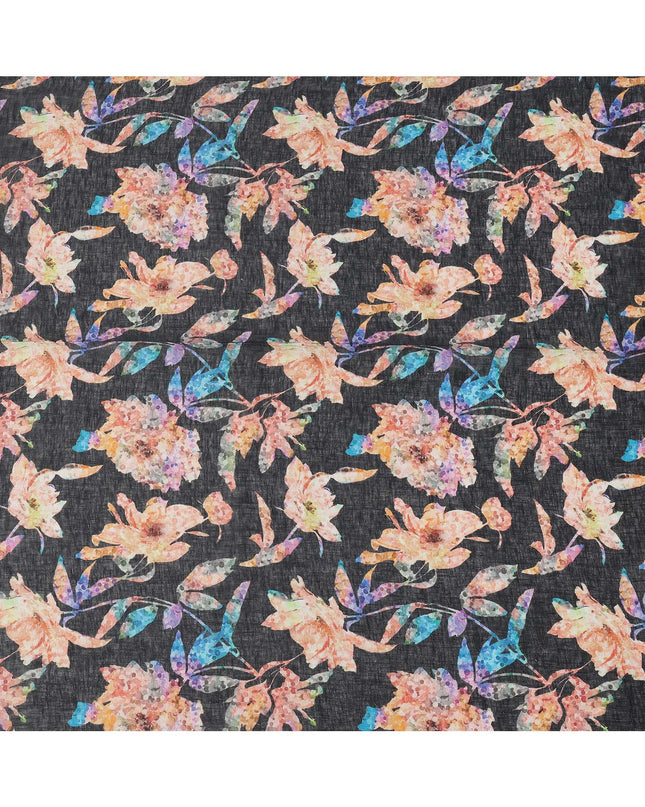 Black Peach Floral Watercolor Print Blended Linen Fabric, 110 Cms Width, Made in India-D26168