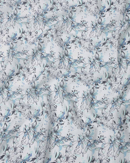 White and Blue Leaf Printed Blended Cotton Linen Fabric, 110 Cms Width, India-D25168