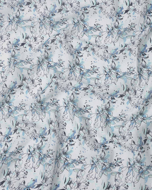 White and Blue Leaf Printed Blended Cotton Linen Fabric, 110 Cms Width, India-D25168