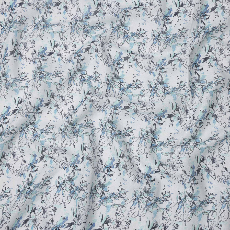 White and Blue Leaf Printed Blended Cotton Linen Fabric, 110 Cms Width, India-D25168