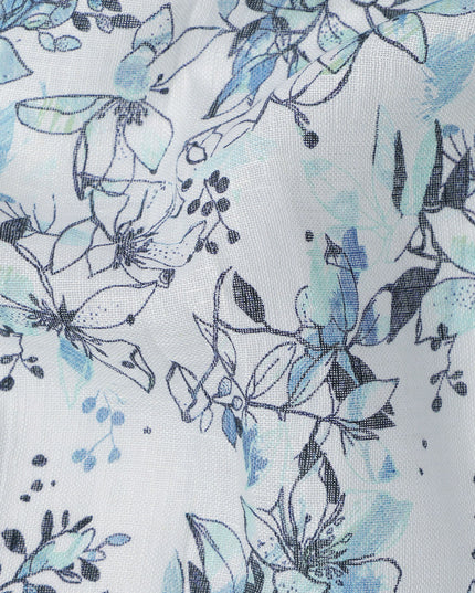 White and Blue Leaf Printed Blended Cotton Linen Fabric, 110 Cms Width, India-D25168