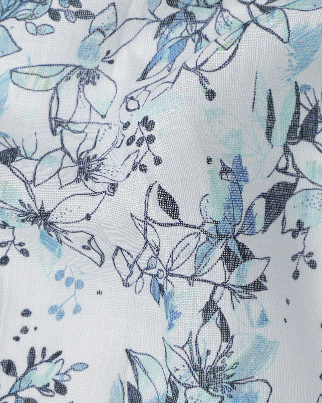 White and Blue Leaf Printed Blended Cotton Linen Fabric, 110 Cms Width, India-D25168