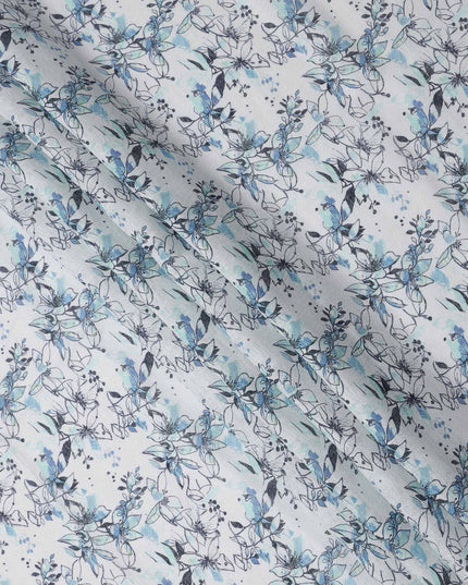 White and Blue Leaf Printed Blended Cotton Linen Fabric, 110 Cms Width, India-D25168
