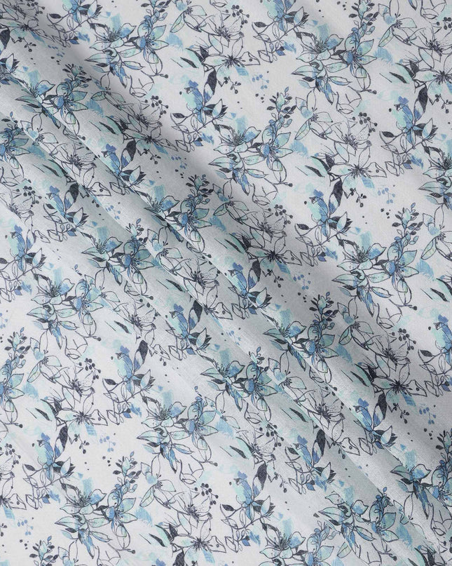 White and Blue Leaf Printed Blended Cotton Linen Fabric, 110 Cms Width, India-D25168