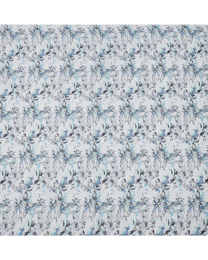 White and Blue Leaf Printed Blended Cotton Linen Fabric, 110 Cms Width, India-D25168